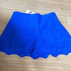 Women NWT Embroidered Royal Blue Lined High Rise Shorts Zara Side Zipper